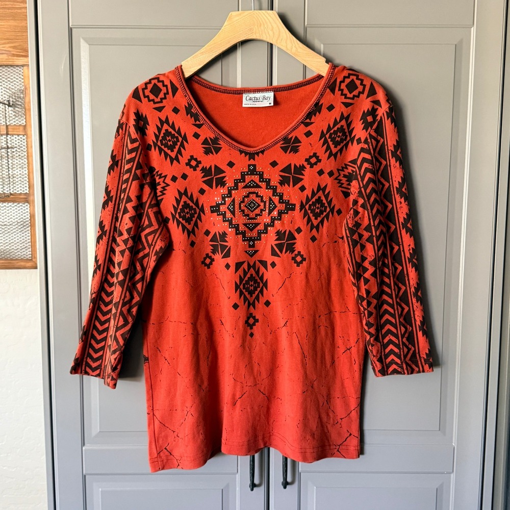 Cactus Bay Y2K Southwestern Geo Tribal‎ Rhinestone 3/4 Sleeve Top, Orange, M